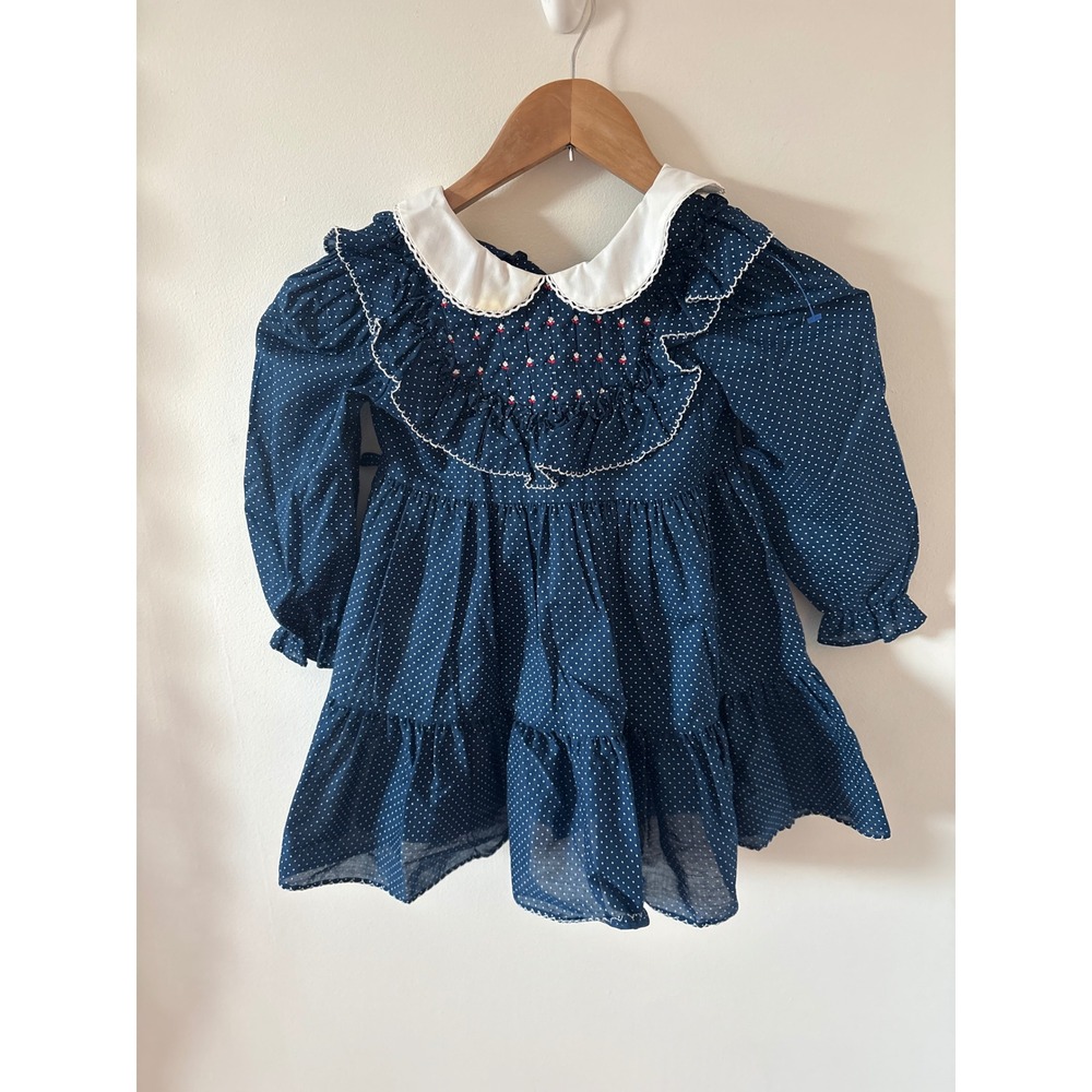 Vintage Polly Flinders Navy White‎ Polka Dot Dress Girls Size 4 Ruffle Collar